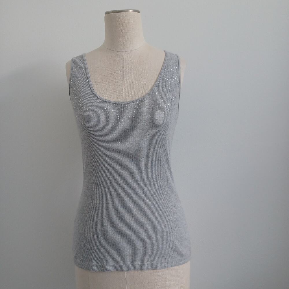 Y2K Express Tank Top Women M Gray Rhinestone Trim Ribbed Indie Scoopneck